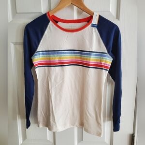 NWT Girls Arizona Jeans Long Sleeve Raglan Retro Striped Ivory Blue Top Size L